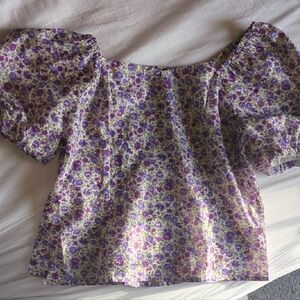 Allegra K Purple Floral Square-Neck Puff Sleeve Blouse